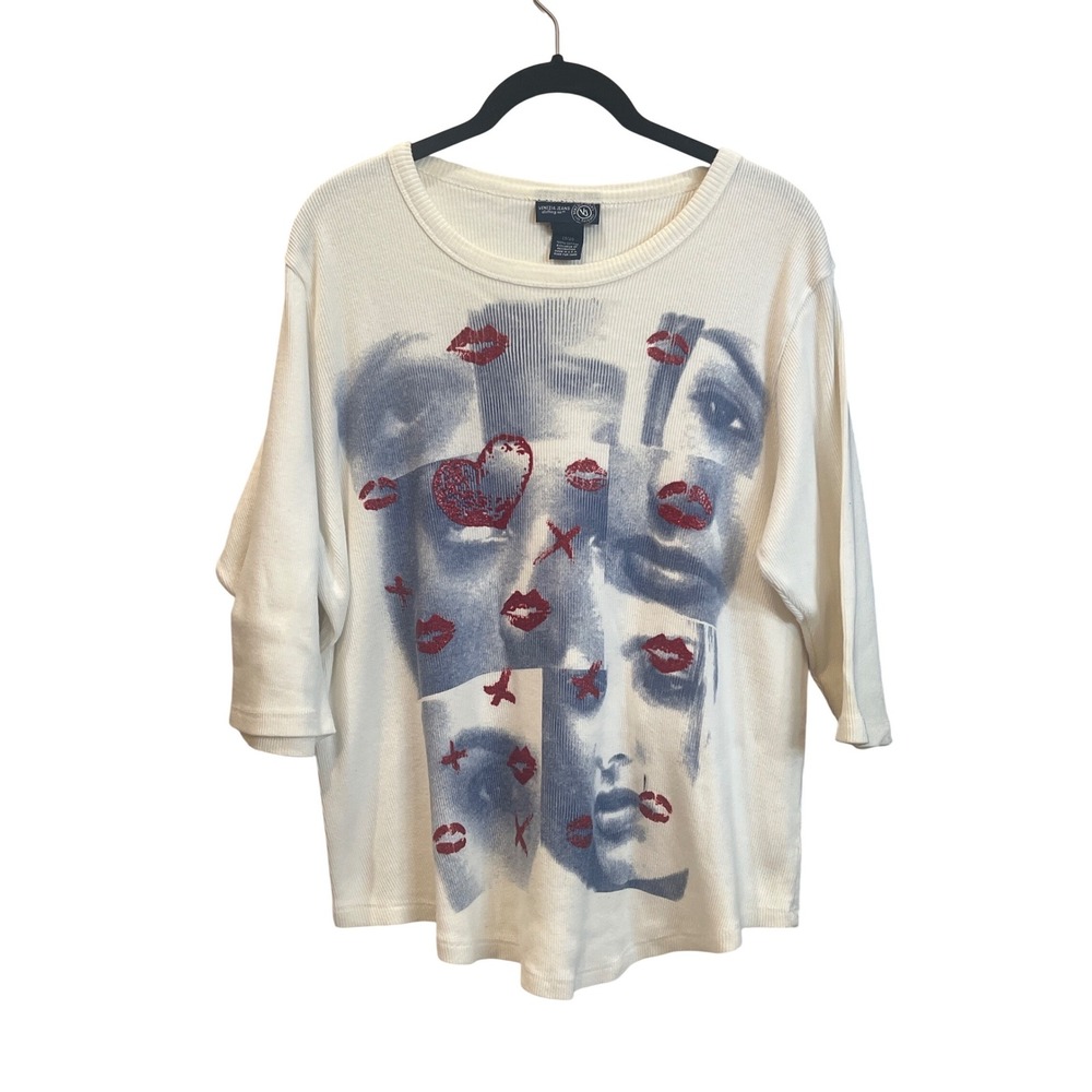 Vintage Venezia Jeans Graphic‎ Top 18/20 White Ribbed Glitter Lips Faces Y2K